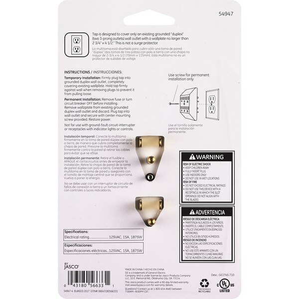 GE Grounded 6-Outlet Tap, White