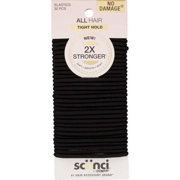Scunci Tight Hold No Damage Hair Elastics, Black, 32 CT
