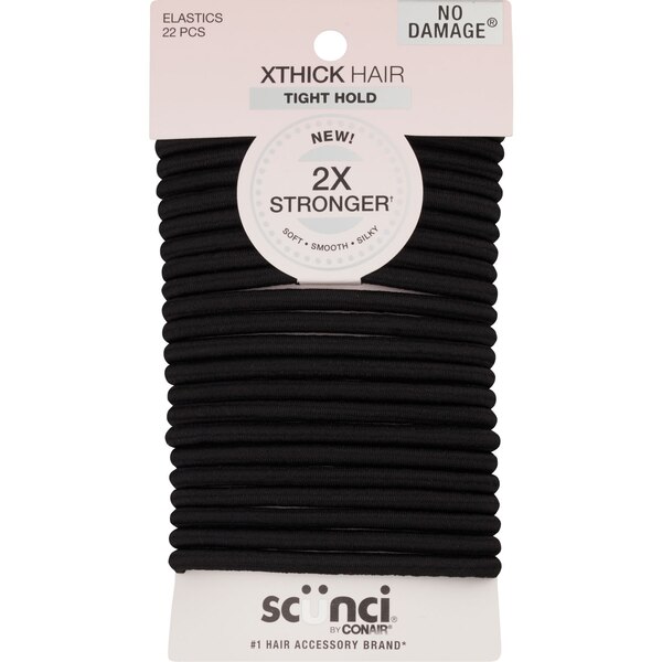Scunci Tight Hold XThick Hair Elastics, Black, 22 CT