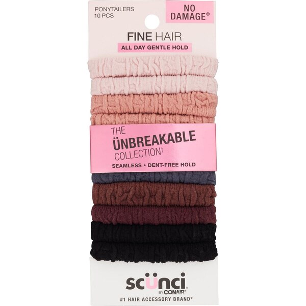 Scunci Comfy Unbreakable All Day Fine Hair Gentle Hold Ponytailers, Assorted Colors, 10 CT