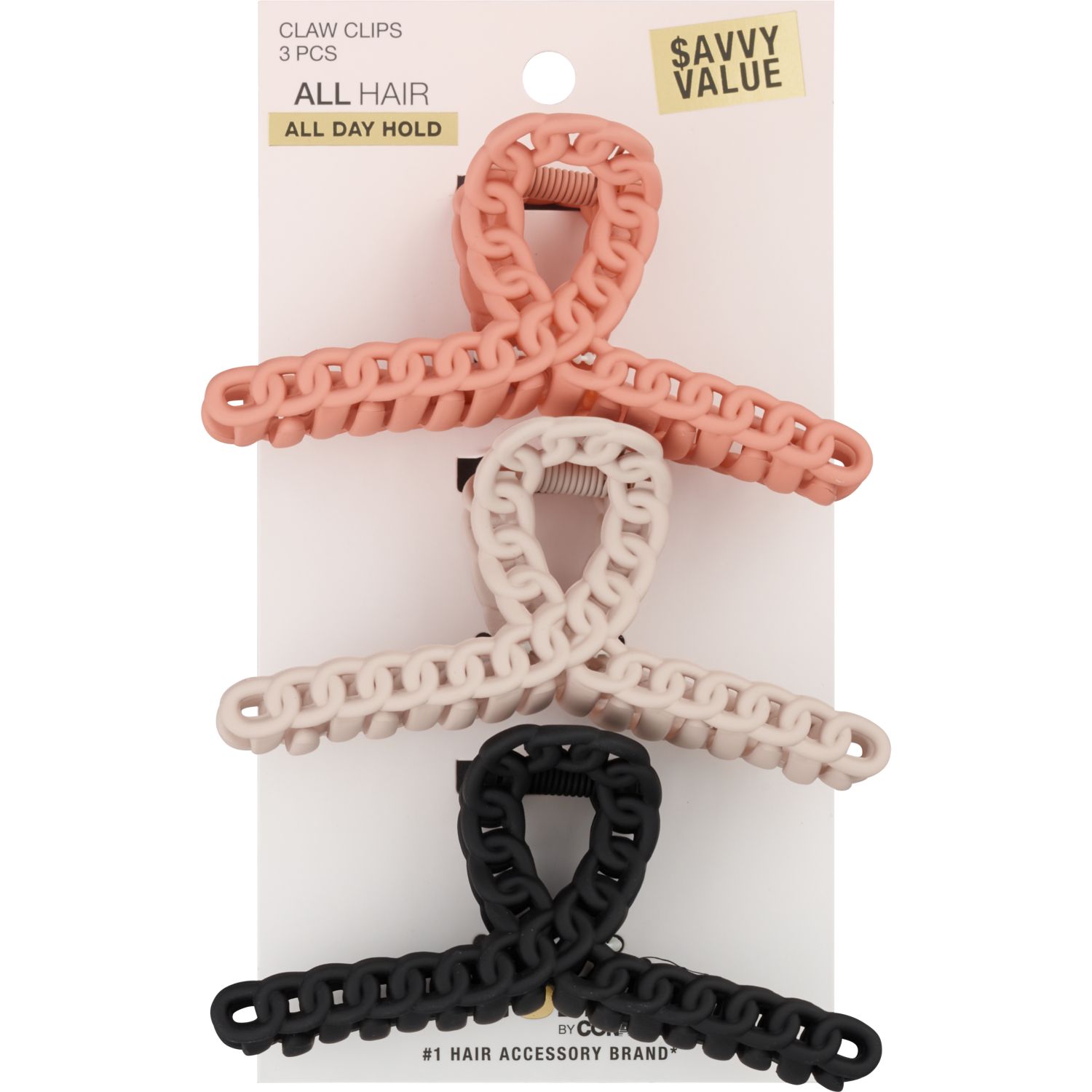 Scunci All Day Hold Chain Claw Clips, Assorted Colors, 3 CT image.