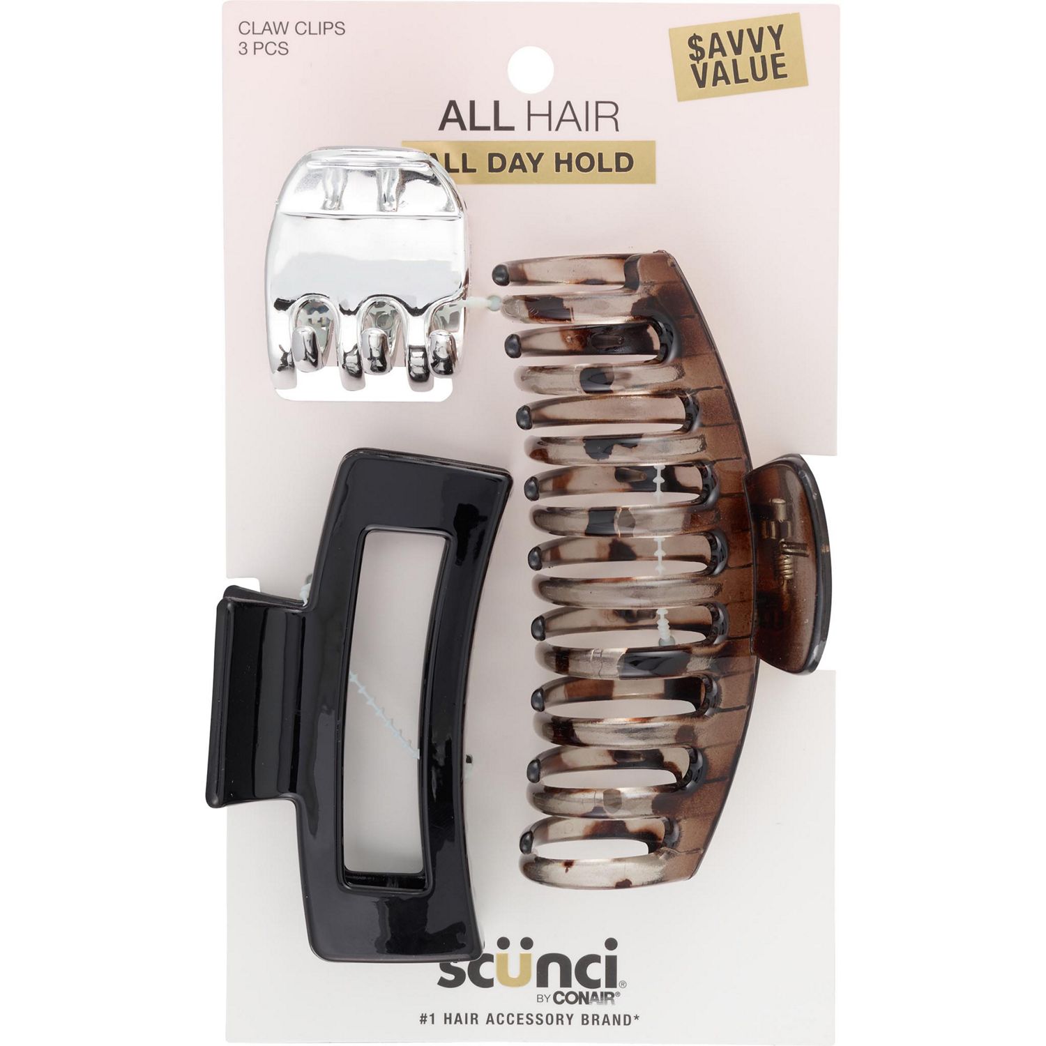 Scunci All Hair All Day Hold Claw Clips, Multicolor, 3 CT