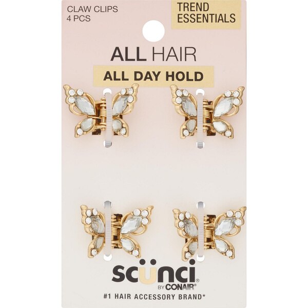 Scunci All Hair All Day Hold Claw Clips, Gold Butterflies, 4 CT