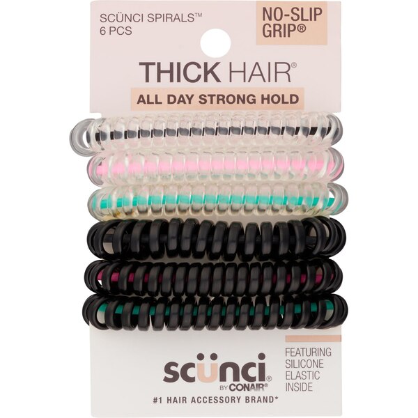 Scunci No-Slip Grip Thick Hair Spirals, Assorted Colors, 6 CT