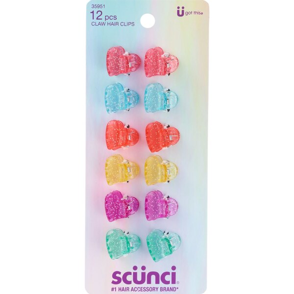 Scunci Glitter Heart Claw Clips, Bright Colors, 12 CT