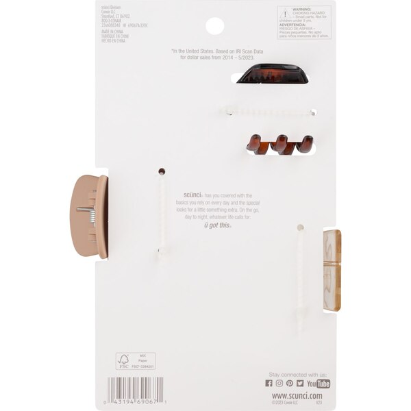 Scunci All Day Hold Assorted Claw Clips, Assorted Colors, 3 CT