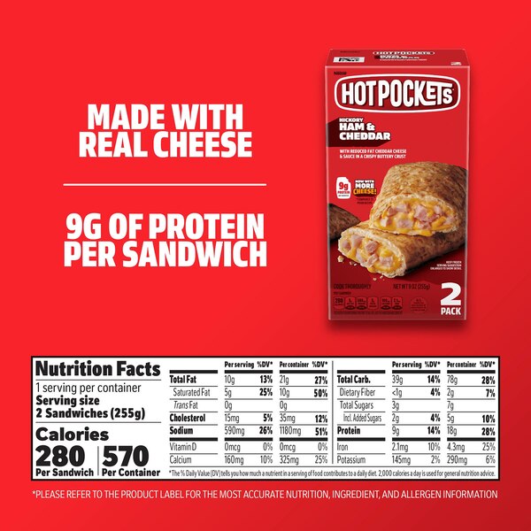 Hot Pockets. Hickory Ham and Cheddar, Crispy Buttery Crust, Frozen Snack, 2 Pack