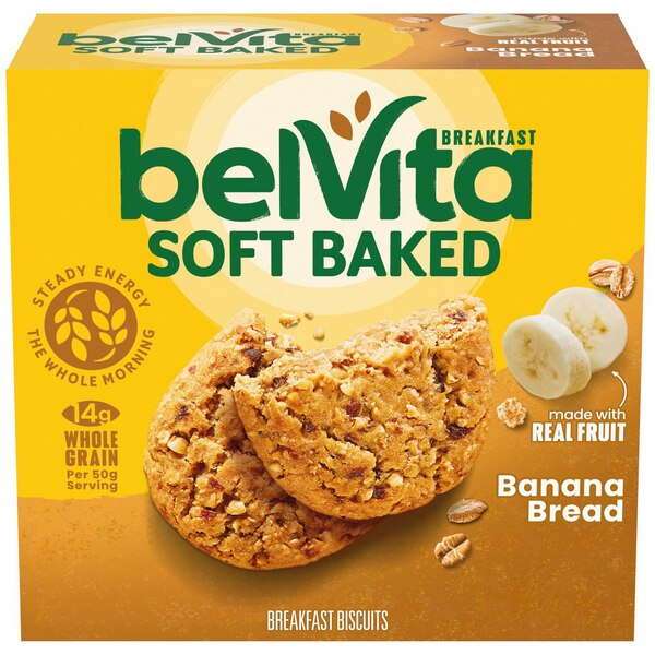 belVita Soft Baked Banana Bread Breakfast Biscuits, Chewy Breakfast Bars, 5 Packs (1 Biscuit Per Pack)