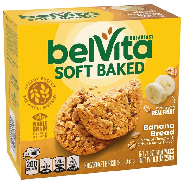 belVita Soft Baked Banana Bread Breakfast Biscuits, Chewy Breakfast Bars, 5 Packs (1 Biscuit Per Pack)