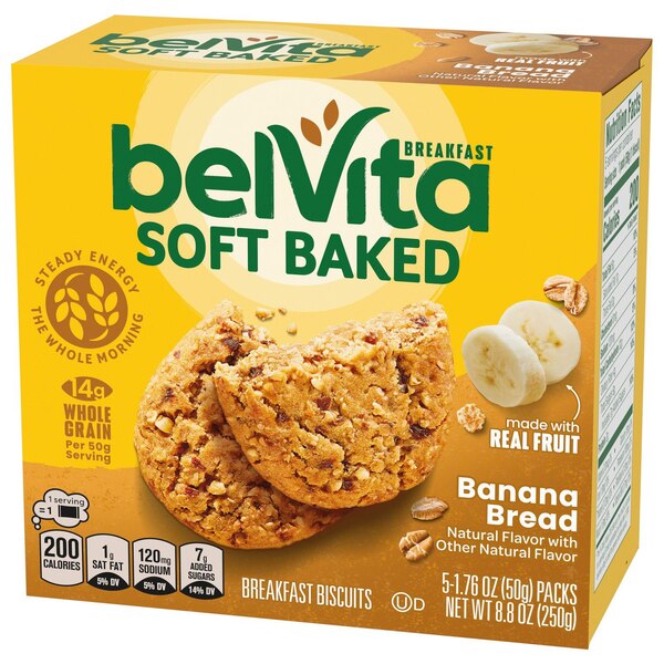 belVita Soft Baked Banana Bread Breakfast Biscuits, Chewy Breakfast Bars, 5 Packs (1 Biscuit Per Pack)