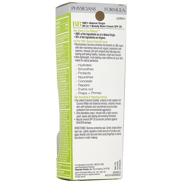 Physicians Formula Organic Wear 100% Natural Origin All-in-1 Beauty Balm Cream, Light/Medium