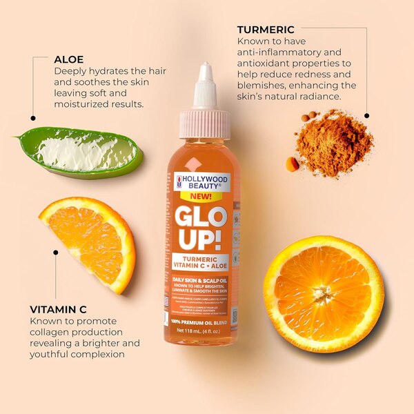 Hollywood Beauty Glo Up! Daily Skin & Scalp Oil With Turmeric, Vitamin C & Aloe, 4 OZ
