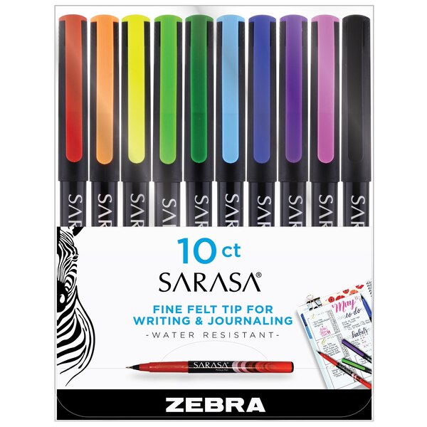 Zebra Pen Sarasa Fineliner Pen, 0.8mm Fine, Assorted, 10 CT