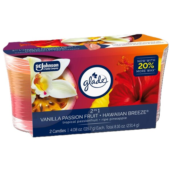 Glade Single-Wick Candle, Hawaiian Breeze & Vanilla Passionfruit Scent, 4 oz, 2 ct