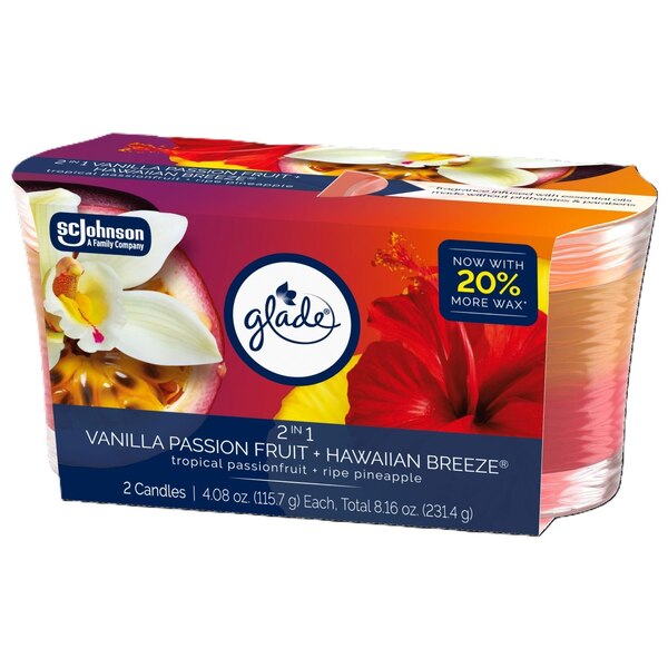 Glade Single-Wick Candle, Hawaiian Breeze & Vanilla Passionfruit Scent, 4 oz, 2 ct