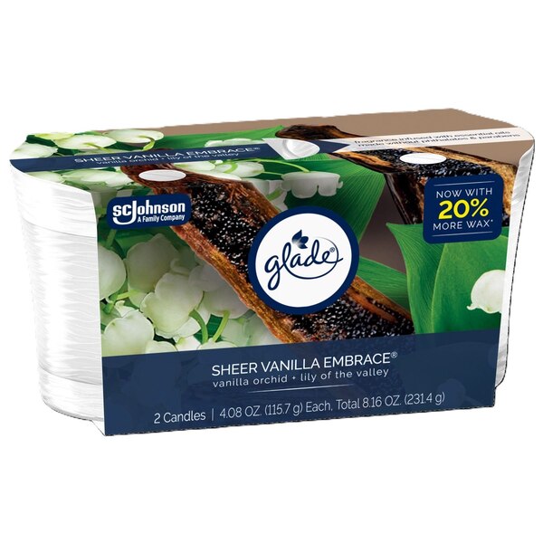 Glad Single Wick Candle, Sheer Vanilla Embrace Scent, 4.08 oz, 2 ct