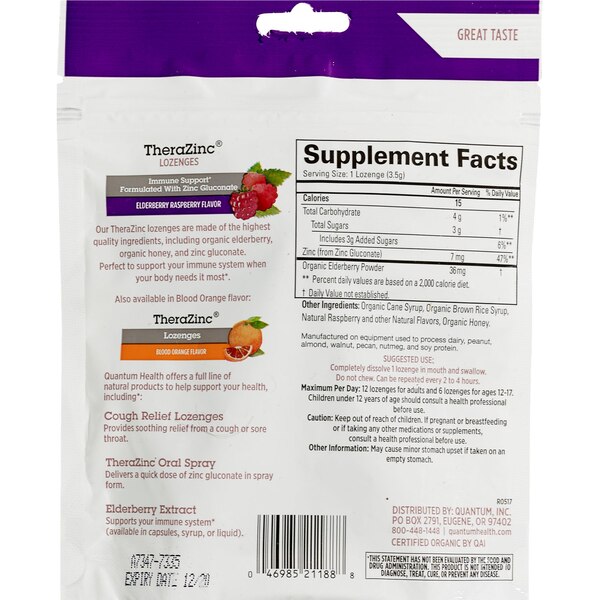 TheraZinc Throat Lozenges, Elderberry Raspberry, 18 CT