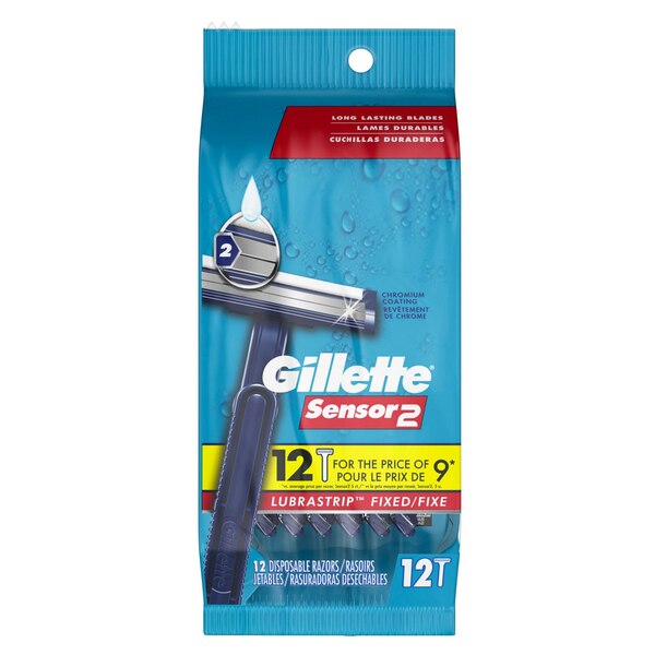 Gillette Sensor2 2-Blade Lubrastrip Fixed Disposable Razors, 12 CT