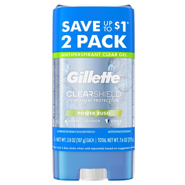 Gillette Clear Gel Antiperspirant Stick, Power Rush, 3.8 OZ, 2 Pack