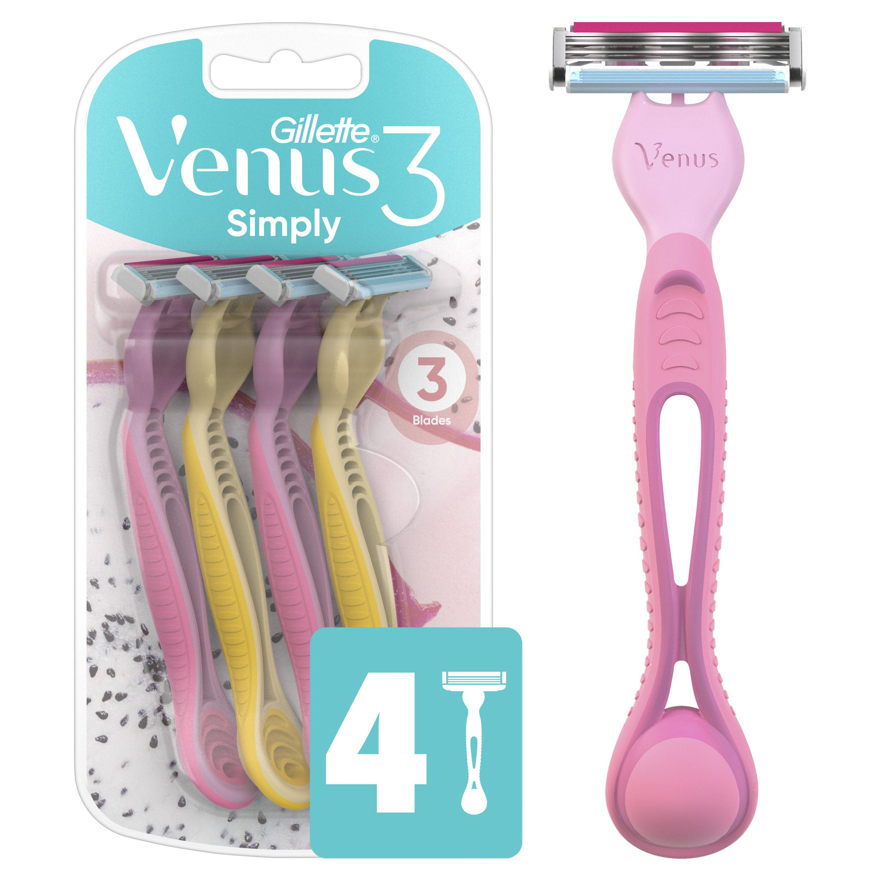 Gillette Venus Simply 3 3-Blade Disposable Razors, Dragonfruit, 4 CT
