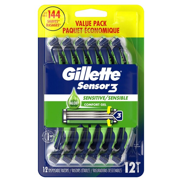 Gillette Sensor 3 Sensitive 3-Blade Disposable Razors, 12 CT