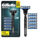 Gillette Mach3 3-Blade Razor + 6 Razor Blade Refills, thumbnail image