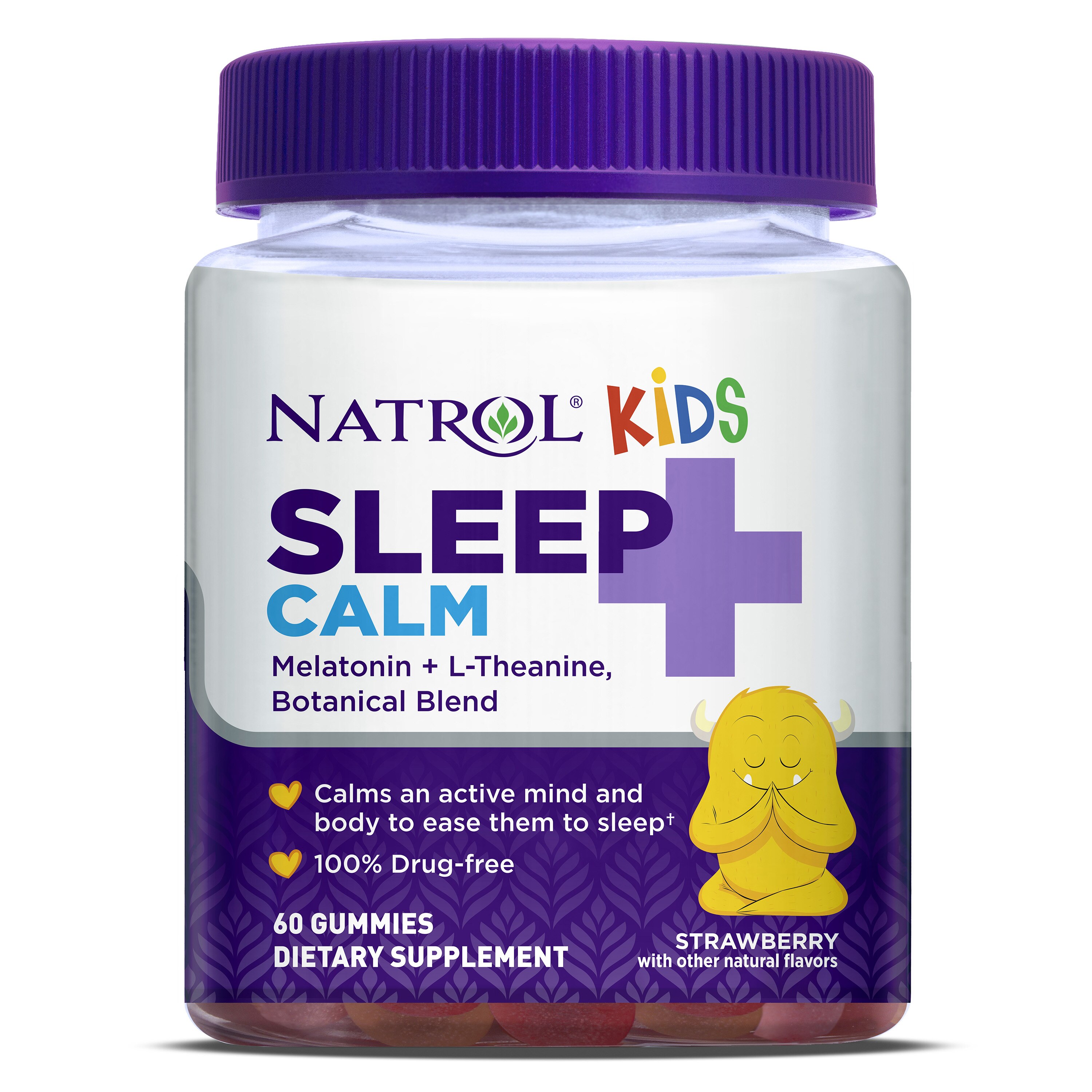 Natrol Kids Sleep+ Calm, Drug Free Sleep Aid Supplement, Calm an Active Mind, Ease to Sleep, Melatonin and L-Theanine, 60 Strawberry Flavored Gummies