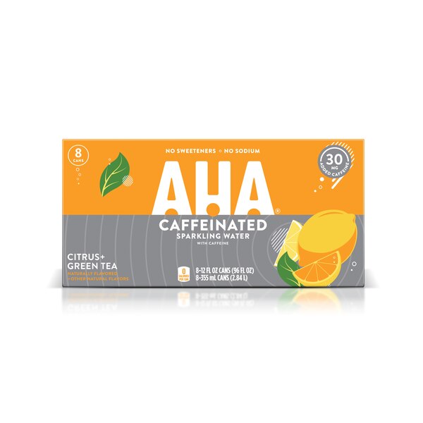 AHA Sparkling Citrus + Green Tea Flavored Water with Caffeine & Electrolytes, 12 OZ Cans, 8 PK