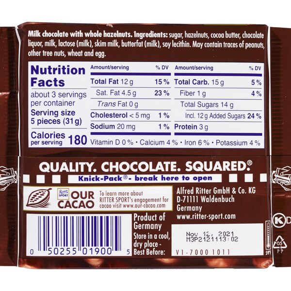 Ritter Sport Milk Chocolate with Whole Hazelnuts, 3.5 oz