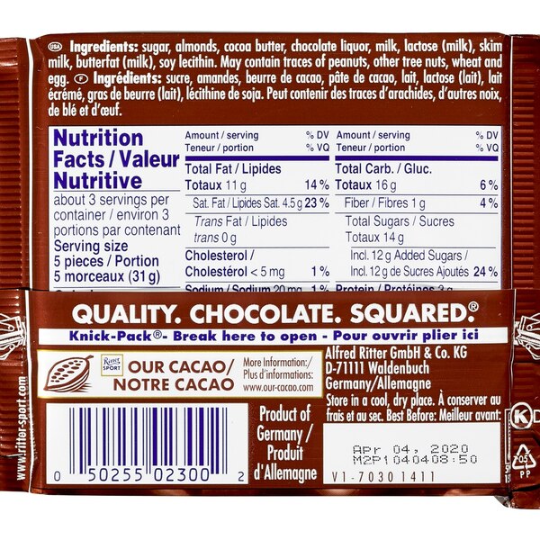 Ritter Sport Milk Chocolate with Whole Almonds