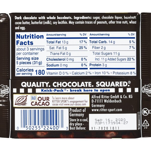 Ritter Sport Dark Chocolate with Whole Hazelnuts, 3.5 oz