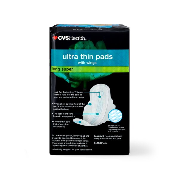CVS Health Ultra Thin Long Pads with Wings, Super