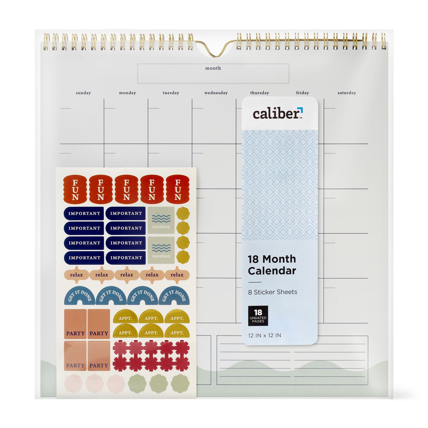 Caliber Undated Calendar, 18 Months with Sticker Sheets, 12 x 12 in