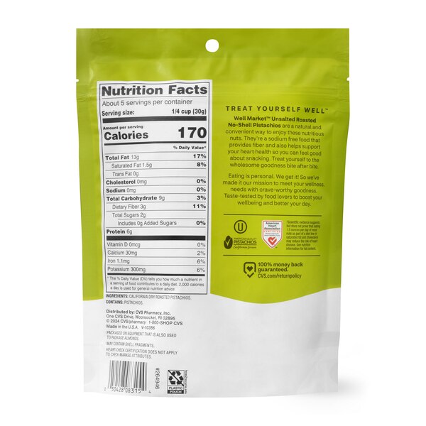 Well Market, Roasted No Salt Pistachio Kernels, 5 oz