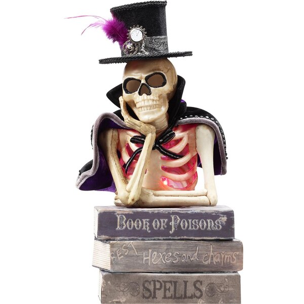 Spooky Village Skeleton on Books Decoration, 17.5 in