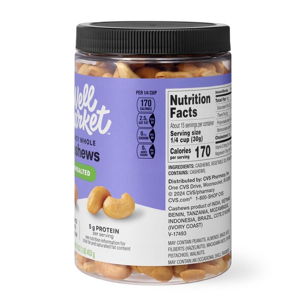 Well Market Unsalted Whole Cashews, 16 Oz