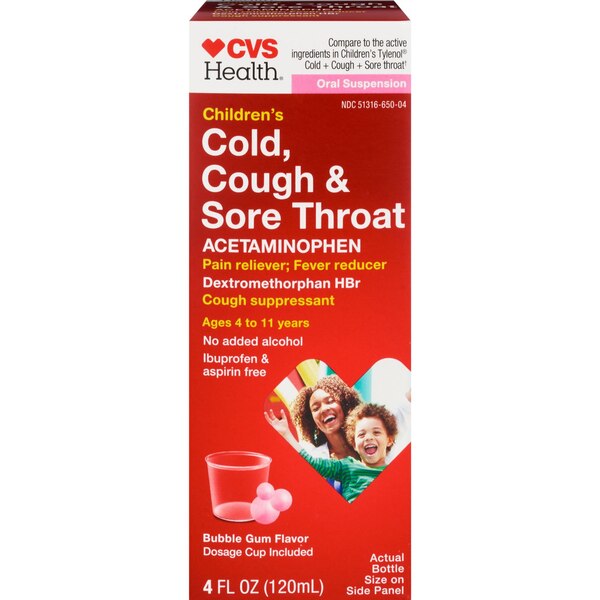 CVS Health Children's Cold + Cough + Sore Throat APAP Liquid, Bubblegum, 4 OZ