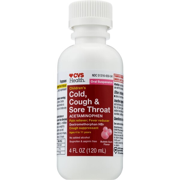 CVS Health Children's Cold + Cough + Sore Throat APAP Liquid, Bubblegum, 4 OZ