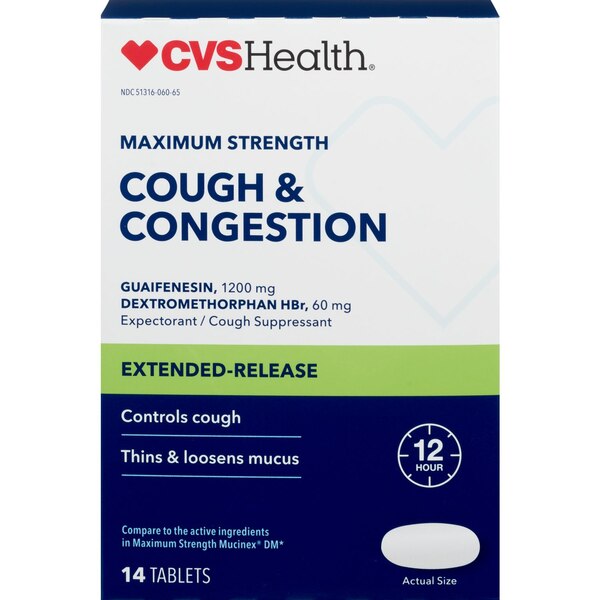 CVS Health 12HR Maximum Strength Cough and Congestion Relief Extended Release Tablets, 14 CT