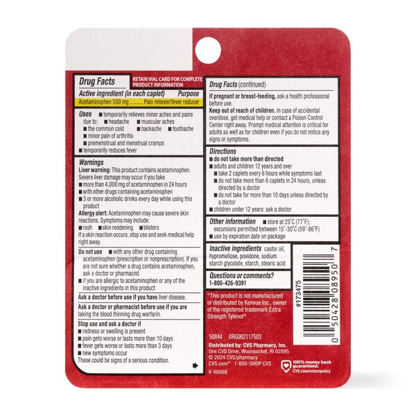 CVS Health Extra Strength Acetaminophen Pain Reliever & Fever Reducer 500 MG Caplets, 10 CT