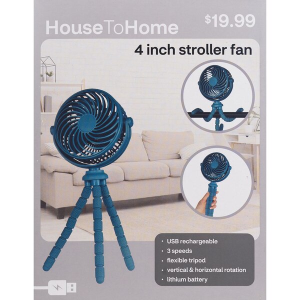House To Home 4-inch Stroller Fan with Tripod, Teal