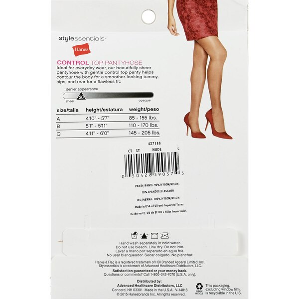 Style Essentials by Hanes Control Top Pantyhose Sheer Toe 2 Pairs