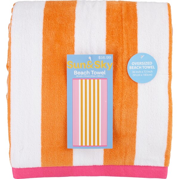 Sun & Sky Oversized Beach Towel, Orange/White/Pink Stripe, 36 x 72 in