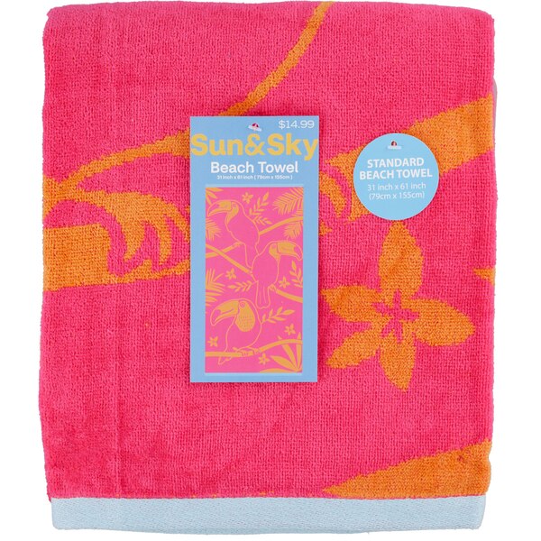 Sun & Sky Beach Towel, Pink & Orange Toucan, 31 x 61 in
