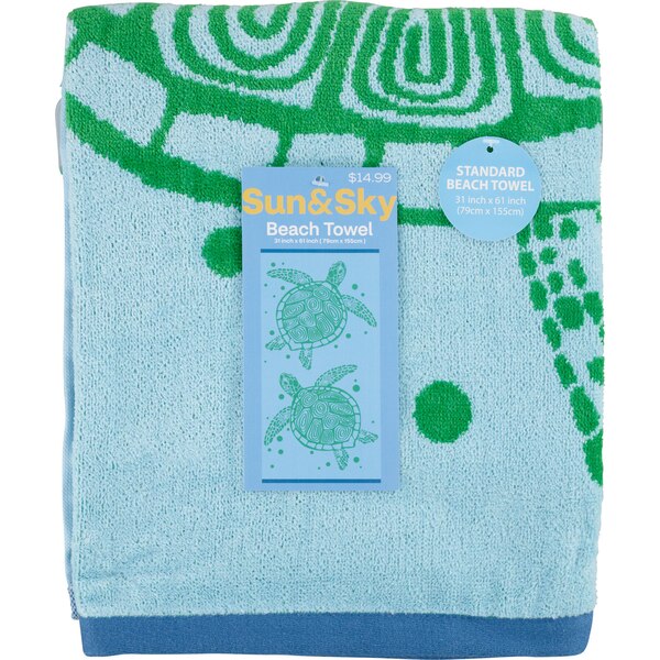 Sun & Sky Beach Towel, Green & Blue Turtle, 31 x 61 in