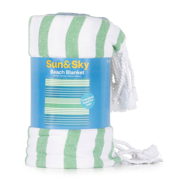 Sun & Sky Hammam Beach Blanket, Green Stripe, 60 x 60 in