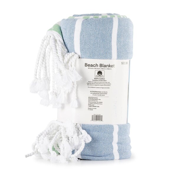 Sun & Sky Hammam Beach Blanket, Green Stripe, 60 x 60 in