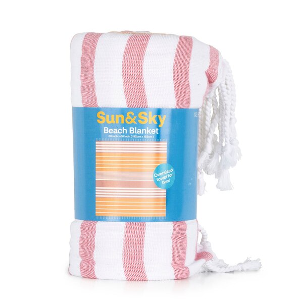 Sun & Sky Hammam Beach Blanket, Pink & Orange Stripe, 60 x 60 in