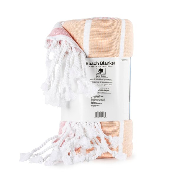 Sun & Sky Hammam Beach Blanket, Pink & Orange Stripe, 60 x 60 in