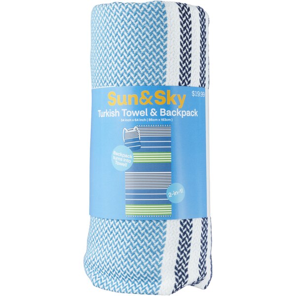 Sun & Sky Turkish Beach Towel & Backpack, Blue & Green Stripe, 34 x 64 in